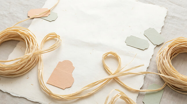 Natural raffia ribbon coils with blank paper tags on linen fabric
