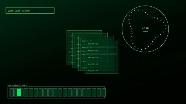Monitoring a digital twin interface with glowing green metrics and circular nodes that track live system performance flow across multiple screens within a virtual environment