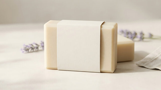 Rectangular soap bar with blank paper sleeve and lavender sprigs