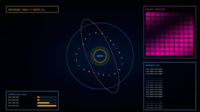 A digital twin interface displays complex circular patterns and data matrices in a glowing violet environment showing simulated motion of particles across three distinct glowing panels