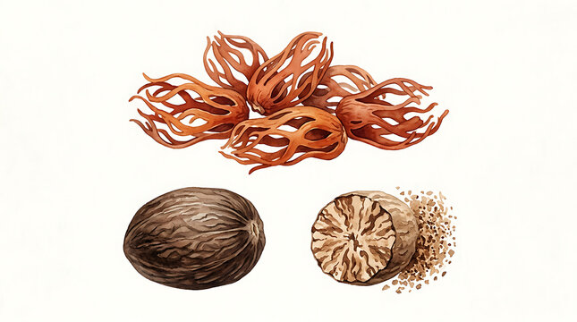 Watercolor of mace spice arils, whole nutmeg, and grated nutmeg powder
