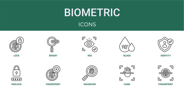 Set of 10 thin line Biometric icons for dashboards, websites and mobile app layouts. Editable outline vector pack featuring lock, iris recognition, identity, fingerprint and fingerprint scan.