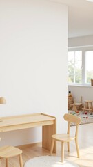 Fototapeta premium Minimalist Children's Playroom Mockup with Natural Wooden Desk on Blank Wall