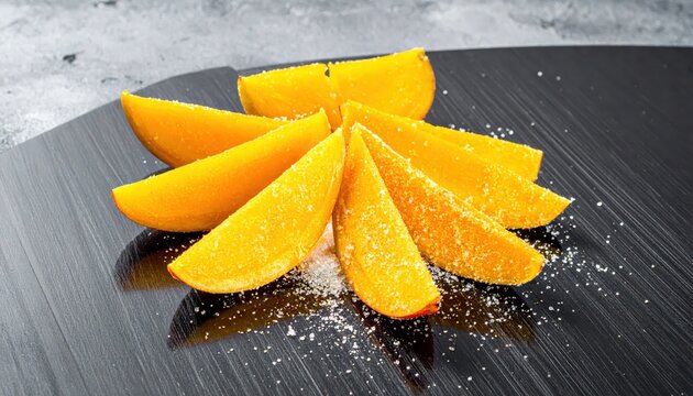 Juicy mango slices glistening with sugar crystals scattered across a dark brushed metal surface, a tantalizing tropical treat
