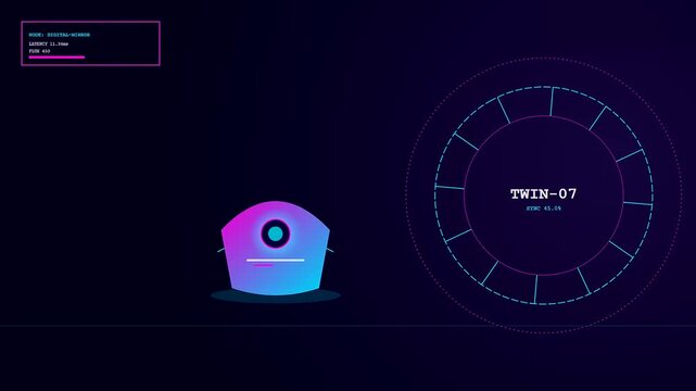 A glowing digital twin interface features pulsating circular HUD elements alongside a floating avatar head that synchronizes data across three distinct panels in this motion graphic