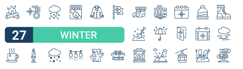 Set of 27 outline Winter icons for modern UI, landing pages and digital services. Editable stroke collection with bonfire, tea, thermometer, lights, shovel and cable car. © Elijah
