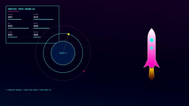 A digital twin interface showing rocket launch trajectories and orbital tracking radar data displayed through glowing neon schematics on a dark void screen for aerospace analysis