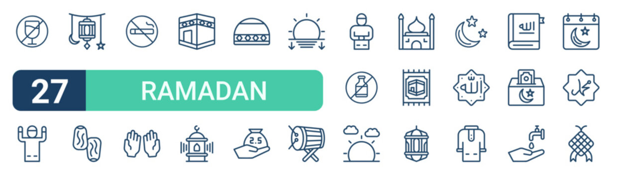 Set of 27 outline Ramadan icons for modern UI, landing pages and digital services. Editable stroke collection with no drinks, takbir, decoration, adzan, no alcohol and muslim.
