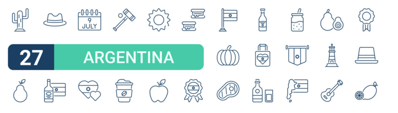 Set of 27 outline Argentina icons for modern UI, landing pages and digital services. Editable stroke collection with cactus, pear, hat, coffee, pumpkin and argentina.