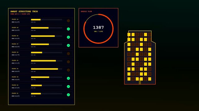 A digital twin interface showing structural building energy metrics through glowing light indicators and dynamic data charts in a dark room setting for energy management