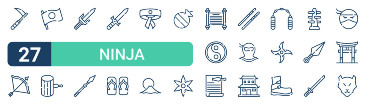Set of 27 outline Ninja icons for modern UI, landing pages and digital services. Editable stroke collection with chain sickle, archer, japanese flag, slipper, ying yang and boot.