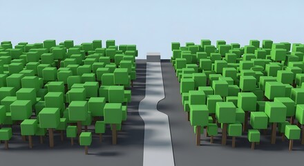 Obraz premium Abstract low poly landscape of green modular block trees with a winding path road