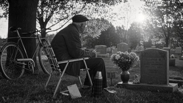 Senior man sitting on folding chair near gravestone of his wife in cemetery. Elderly widower visiting grave of spouse to remember memory. Concept of mourning, loneliness and grief.