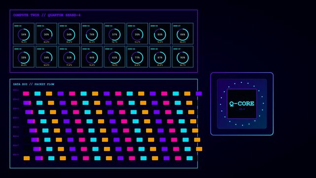 a glowing digital twin interface presents animated neon circular gauges and moving data streams that process complex information flows on a dark virtual laboratory screen display