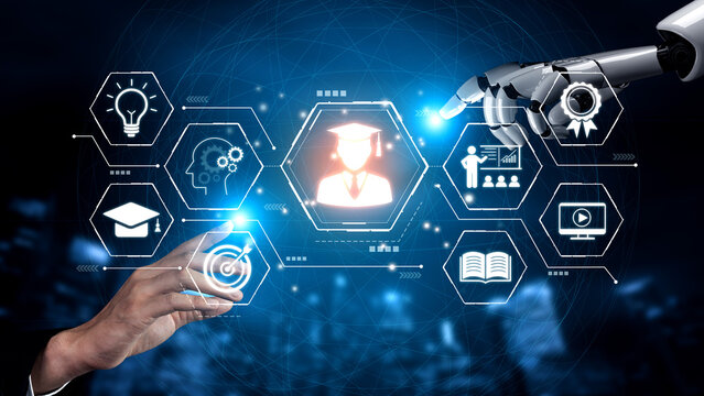Futuristic Education Technology Concept with Robot and Human Interaction Showcasing Learning and Innovation in Digital Environment. Bitwise.