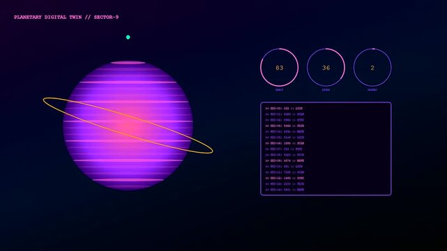 a futuristic digital twin interface displays rotating planetary orbits with pulsing purple gradients and changing numerical data sets on a dark ambient holographic radar viewing console