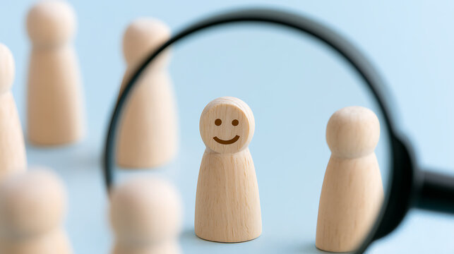 Magnifying Glass Focuses on a Wooden Figurine with a Happy Face, Illustrating Talent Search, Customer Satisfaction, or Positive Recognition