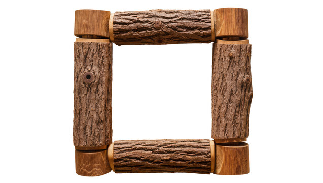 Isolated handcrafted wooden frame made from rustic logs and smooth timber sections, natural design.