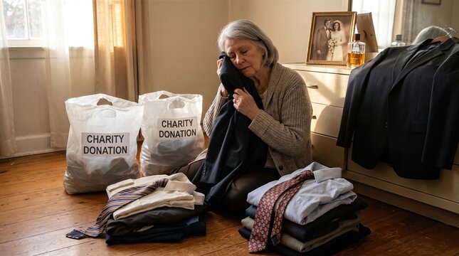Senior woman sitting on floor holding jacket of late husband. Widow crying while sorting clothes for charity donation. Memory of past life, loneliness and grief in retirement age.