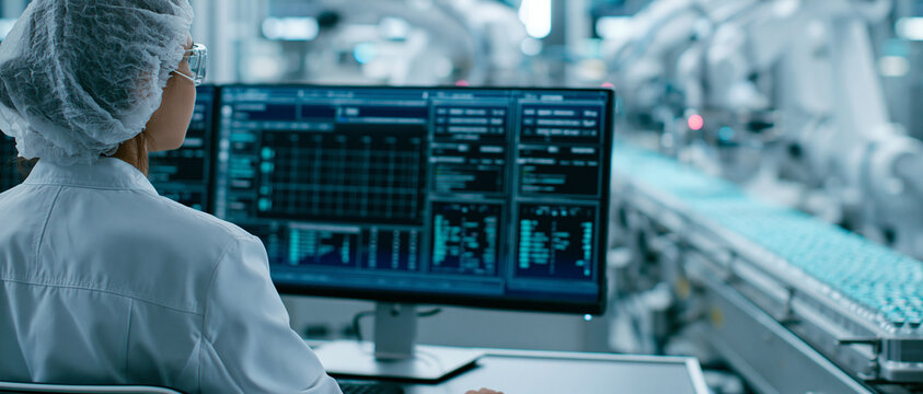 .Pharmaceutical Industry 4.0: Quality Control Operator Monitoring B2B IoT Dashboard in High-Tech Smart Factory for Vaccine Production.