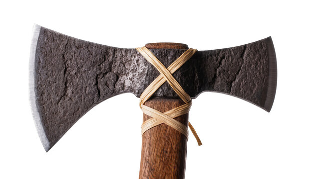 Isolated ancient rustic double bladed battle axe with detailed wooden handle and fiber wrapping