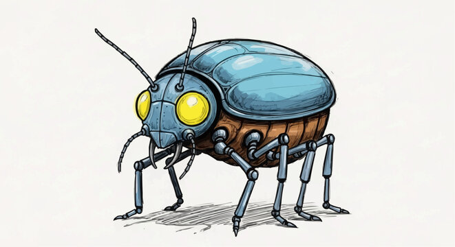 Mechanical beetle with blue shell and yellow eyes on a white background