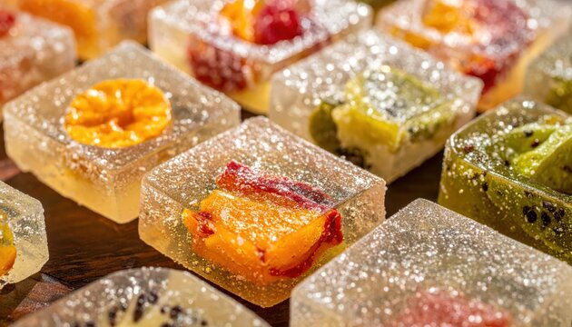 Sparkling Fruit Infused Candies with Visible Fruit Pulp, Sweet Confections in Macro Close-Up