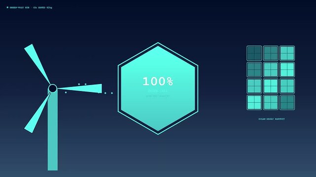 A digital representation of Ev charging progress displays wind energy conversion into battery power levels through animated graphical elements on a dark blue glowing interface screen