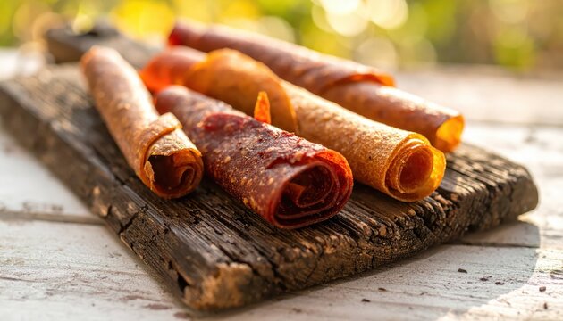 Rustic presentation of delicious fruit leather rolls, cut into bite-sized pieces on a weathered wooden board, highlighting natural sweetness.