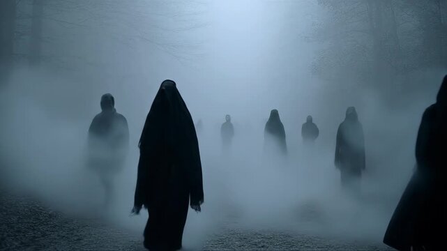 Mysterious hooded women walking through thick fog in sequence. Eerie group procession on misty paved path. Dark atmospheric supernatural mystery concept.