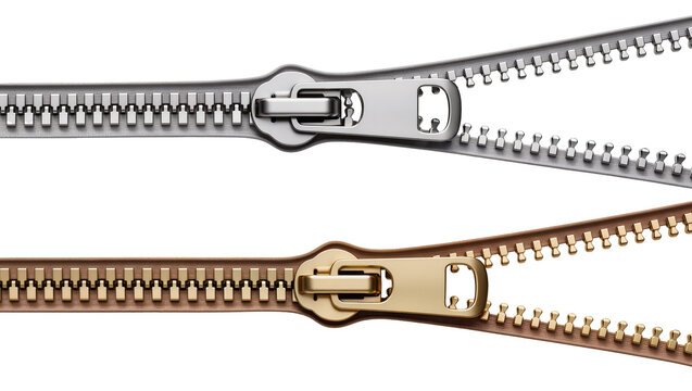 Isolated two metallic zippers, silver and gold, partially open showing interlocking teeth.