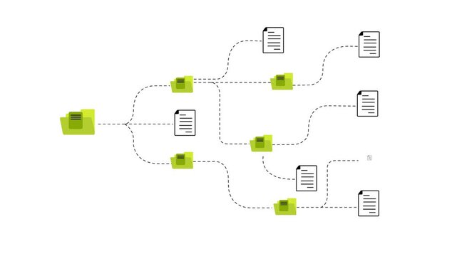 Data Organization and File Hierarchy Structure - Digital Folder System, File Management, Information Architecture, Network Tree Diagram and Data Storage Process Motion Graphics Animation.