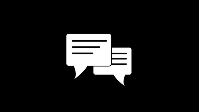 Animated Dual Speech Bubbles Icon with Appearing Text Lines, Representing Chat, Messaging, Conversation, and Feedback Concepts on a Black Background.
