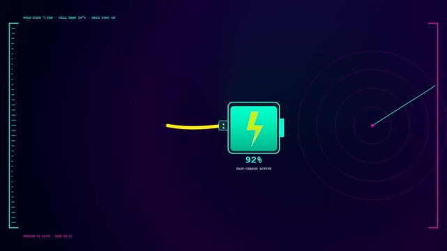 A digital EV charging progress display features glowing battery icons filling with energy levels alongside animated radar circular pulse lines set against dark purple background