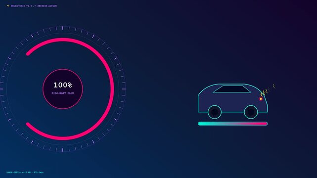 A digital graphic interface illustrating ev charging progress moving through various energy levels from empty to full within a sleek virtual dashboard system monitor display