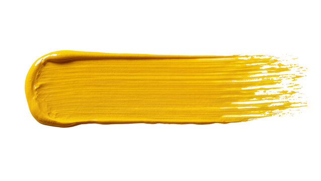 Isolated bright yellow brushstroke, vivid paint swatch with artistic detail and sheen.