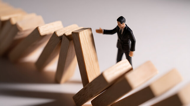 Tiny Business Executive Miniature Doll Stop Falling Domino Blocks from Chain Reaction, Crisis Management and Risk Aversion Concept