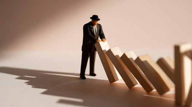 Tiny entrepreneur miniature stops chain reaction of falling wooden blocks, representing crisis prevention and strategic business intervention