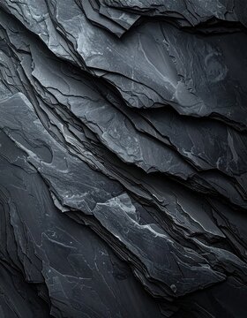 Dark layered slate stone texture with sharp geological edges, rugged mineral surface, natural rock formation for background and display