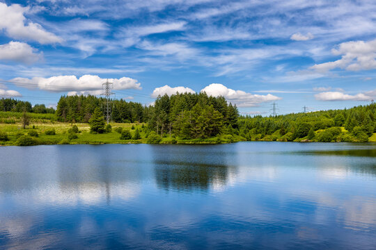 Scenic Welsh reservoir showing conifer forest and power pylons under blue sky
