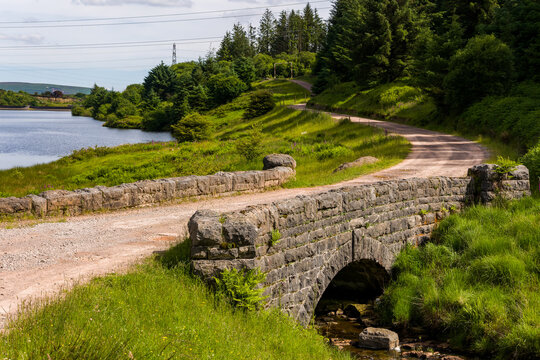 Old stone arch bridge crossing a stream on a dirt road in a green landscape