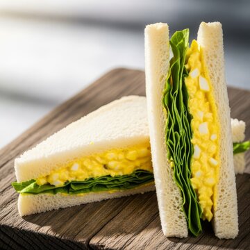 A creamy egg salad sandwich on fresh white bread with crisp green lettuce leaves, served on a rustic wooden board in soft natural light, cooking, mayonnaise, sandwich