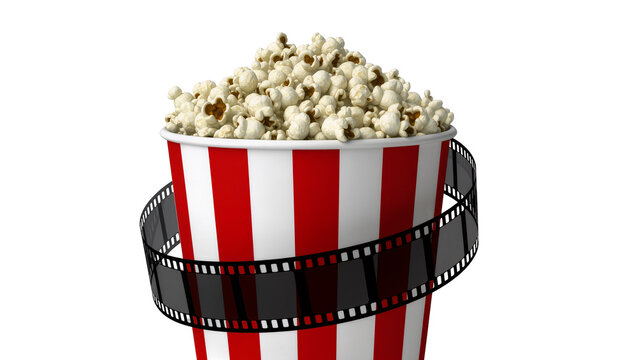 Isolated striped popcorn bucket with film strip for cinema movie night or entertainment