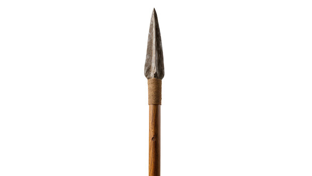 Isolated primitive stone spear, ancient hunting weapon with wooden shaft and cord binding