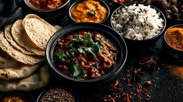Assortment of Indian food dishes including curry, rice, naan, and spices