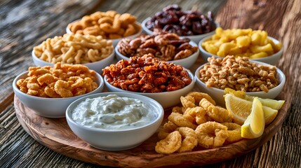 Fototapeta premium Appetizer platter with various fried snacks and dips, including shrimp, nuts, and chips, served on a wooden board with lemon slices