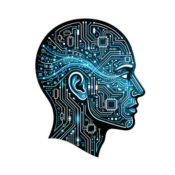 AI technology stylized human head with circuitry and glowing lights