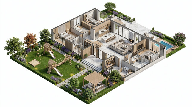 Isometric 3D floor plan of a luxury modern house with a garden, pool, and playground