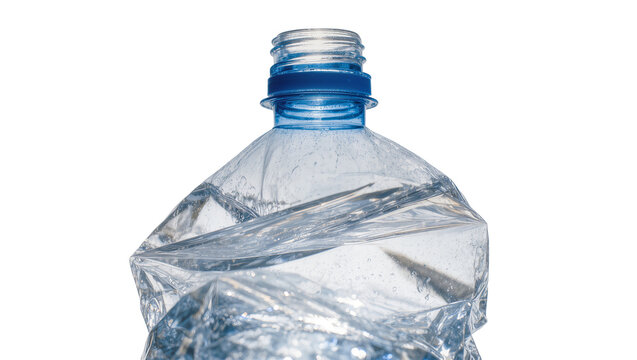 Isolated crumpled plastic water bottle showcasing environmental waste and recycling concept