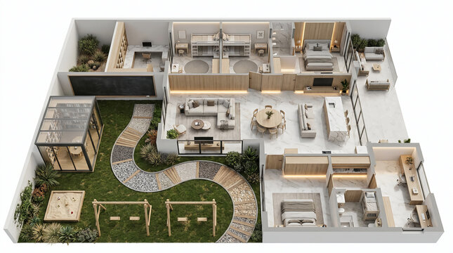 Modern 3D architectural floor plan of a luxury villa with a spacious garden, playground, and fully furnished interior rooms
